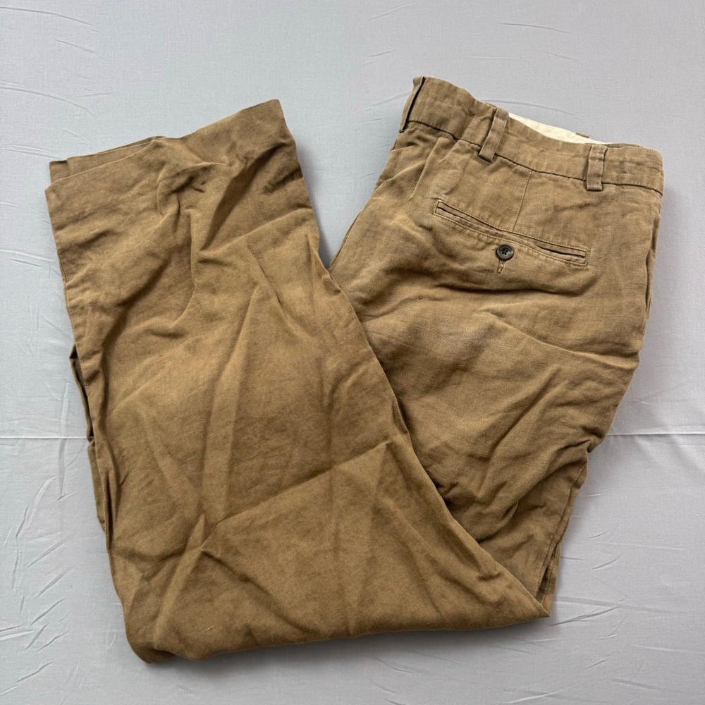 Eddie Bauer Classic Fit Brown 100% Linen Pleated Pants Mens Tall 42‎